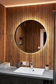 Дзеркало в чорній рамі кругле 800х800 Жовта підсвітка у ванну кімнату  ML-2 Global Glass